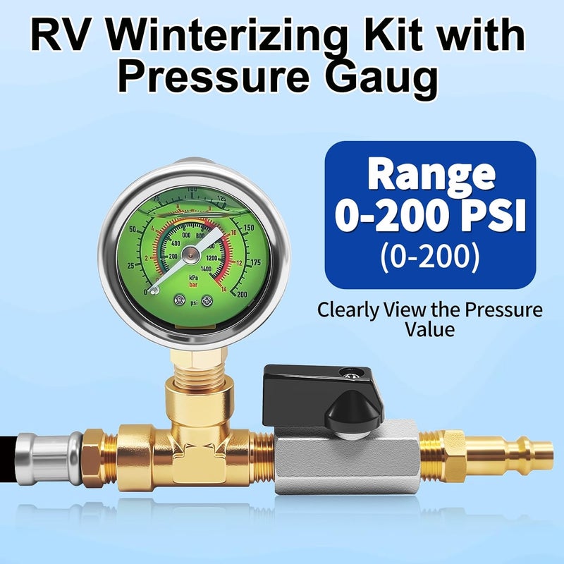 HFVSLFA RV Winterizing Kit with Pressure Gauge, 60inch RV Winterize Hose with 3/4" GHT Blow Out Fitting Adaptor & 1/4" Quick Connect Plug, Sprinkler Winterization for RV, Camper, Boat, Travel Trailer, Black - Image 2